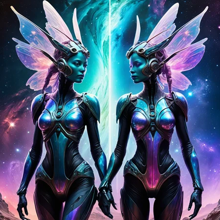 ((best quality)), ((masterpiece)), ((realistic,digital art)), (hyper detailed), Post-apocalyptic of Nebula nymphs- Ethereal beings with flowing, shimmering garments reflecting nebula colors. , Aerospace engineer, duality