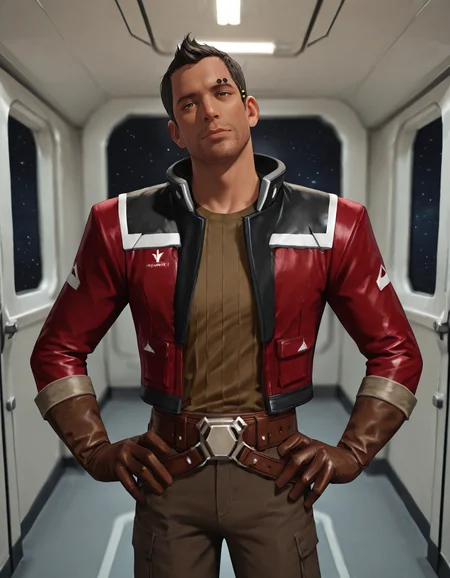 masterpiece, best quality, absurdres, newest, perfect quality, best quality, absolutely eye-catching, detailed background, intricate details, male focus, realistic, solo, <lora:SWTOR_-_Theron_Shan_-_Illustrious:0.8>,  theronshan, 1boy, mature male, olive eyes, very short hair, stubble, dark skin, cybernetic implant, red jacket, brown shirt, brown gloves, brown belt, hands on hips, standing, spacecraft interior, space, come hither, looking at viewer, head tilt, portrait