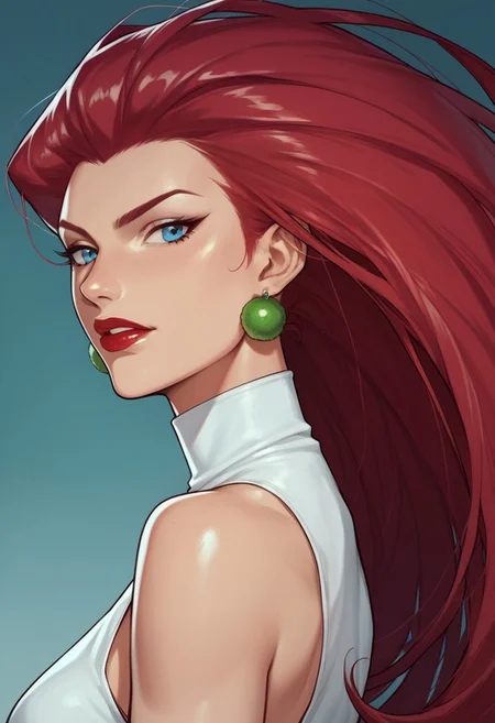 score_9, score_8_up, score_7_up, source_anime,sharp colors,  EPpkJessie, 1girl, long hair, blue eyes, red hair, hair slicked back,