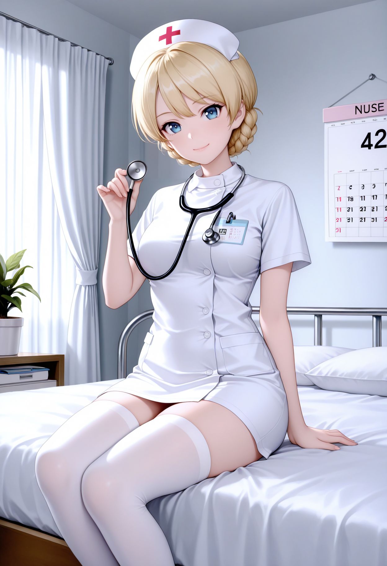 masterpiece,best quality,absurdres,highres,very aesthetic,high quality,detailed,insanely detailed,beautiful,perfect lighting, 
 <lora:Darjeeling illu :0.9> 1girl, blonde hair, blue eyes, stethoscope, white thighhighs, smile, braid, potted plant, curtains, short hair, looking at viewer, indoors, nurse, calendar (object), bed, holding,, shirt, sit,