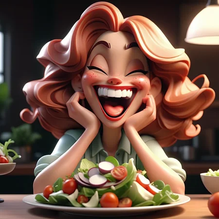 3D cinematic film.(caricature:0.2). 4k, highly detailed,a Woman Laughing Alone With Salad