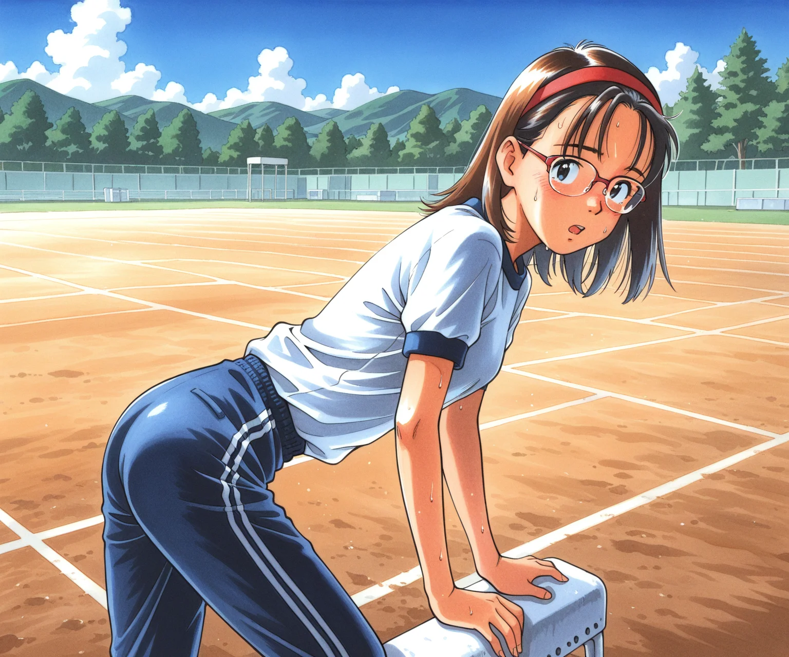 masterpiece, best quality, amazing quality, , 1girl, solo,  gym uniform, pants, outdoors, medium hair, glasses, <lora:Kurita Yuugo style ILL-v2:1.2> kuritayuugo,