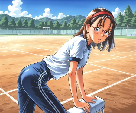 masterpiece, best quality, amazing quality, , 1girl, solo, gym uniform, pants, outdoors, medium hair, glasses, <lora:Kurita Yuugo style ILL-v2:1.2> kuritayuugo,