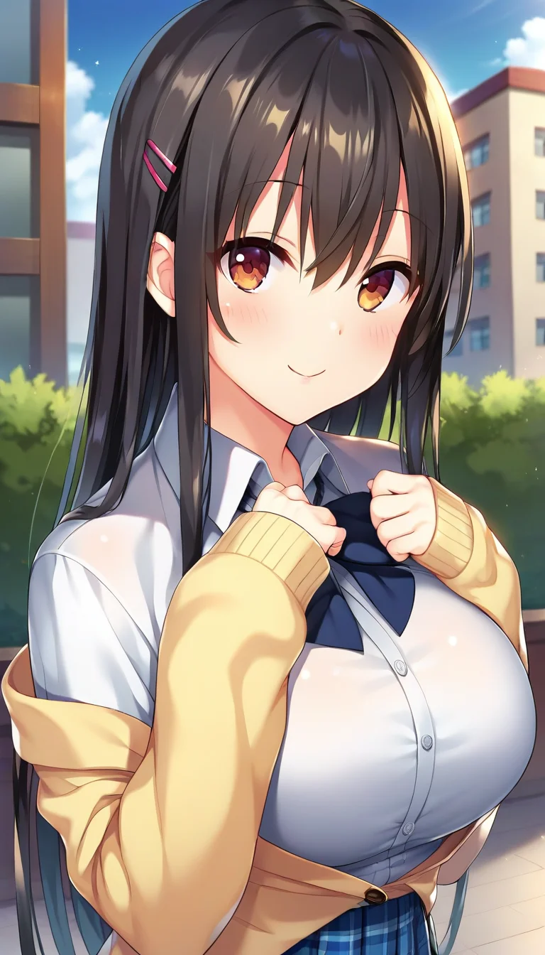 score_9,score_8_up,score_7_up,score_6_up BREAK official art,solo,outdoors,upper body,(portrait:1.5),looking at viewer,facing viewer,smile,blush,Yukimura Shiho,very long hair,black hair,shiny hair,straight hair,hair ornament,hairclip,sidelocks,hair between eyes,bangs,brown eyes,school uniform,yellow cardigan,black ribbon,white shirt,collared shirt,long sleeves,sleeves past wrists,large breasts,skindentation,miniskirt,blue skirt,pleated skirt,plaid skirt,thighs,zettai ryouiki,black thighhighs,loafers,brown footwear,<lora:Yukimura Shiho(tkis)-Pony:1.2>,