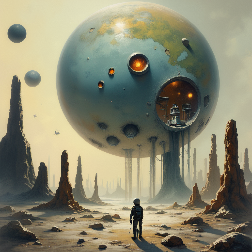 score_9, score_8_up, score_7_up, score_6_up, The alien planets surface was a desolate wasteland, with towering rock formations casting long shadows. Strange creatures scurried across the barren ground, illuminated by the planets eerie, bioluminescent flora. The explorersâ spacesuits glowed softly as they ventured deeper into the unknown., highly detailed, vivid <lora:ponys-dream:.9>