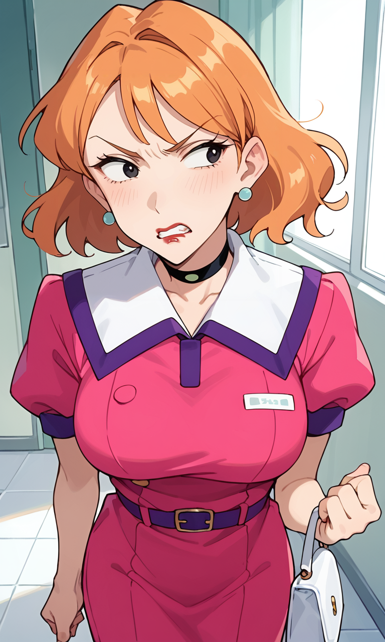 (1girl:1.5), (solo:1.3), (score_9, score_8_up, score_7_up, score_6_up, score_5_up, score_4_up), (source_anime), rating_questionable,
 <lora:matsuzaka-take_v1:0.8> (matsuzaka-take), (frown:1.3), (black eyes, eyelashes, orange hair, medium hair, bangs, earrings, red lips), (pink dress, collared dress, white collar, purple trim collar, puffy short sleeves, purple belt, black choker, white handbag), (large breasts),(clenched teeth:1.2), 
indoors,  hospital room, portrait, clenched hand,   (looking to the side:1.3), (from above:1.3)