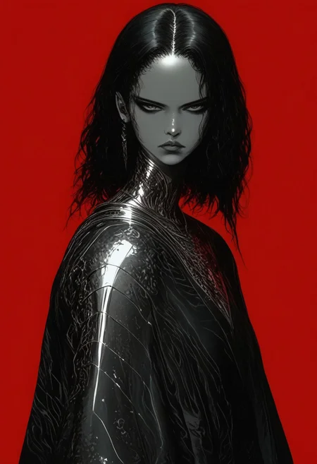 **masterpiece, score_9, score_8_up, hyper-detailed, 8K, full body illustration, regal medieval clothing, robe, long black hair, chromecore, metallic silver skin, red background, sinozick style, flat color, simple background, dark and blue tones, vibrant colors, colorful, expressionless, serious, dark vibes, dark fantasy, armor details, monochrome highlights, colored skin, gradient effects, mythp0rt, polished textures, dramatic lighting, surreal elegance, intricate details, minimalistic backdrop, striking composition, ethereal glow, moody aesthetic**