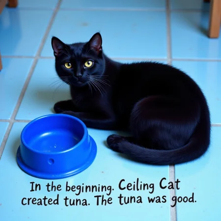 a solid black american shorthair cat lays on a blue vinyl tiled floor next to an (empty) blue plastic food bowl. text under the cat says, "In the beginning Ceiling Cat created tuna. The tuna was good."