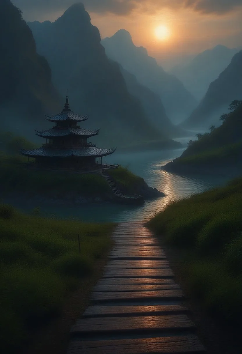 incorporate elements that evoke a sense of magic with a glitchy distortion and psychedelic color palette. realism pushed to extreme, fine texture, by David A Hardy, media,grass,fence,road,house,power lines,utility pole,lake,pagoda, cloud,town,chimney,nature,stairs,bridge,river,pier,barefoot,fishing rod,dock,real world location,ship,mountain,fishing rod,fishing, inlay myanmar