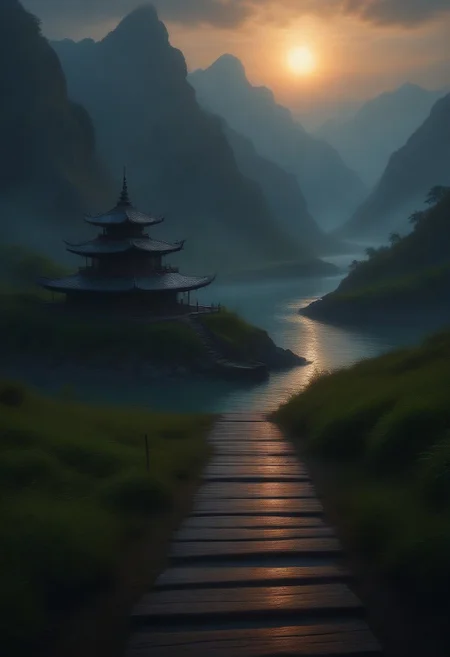 incorporate elements that evoke a sense of magic with a glitchy distortion and psychedelic color palette. realism pushed to extreme, fine texture, by David A Hardy, media,grass,fence,road,house,power lines,utility pole,lake,pagoda, cloud,town,chimney,nature,stairs,bridge,river,pier,barefoot,fishing rod,dock,real world location,ship,mountain,fishing rod,fishing, inlay myanmar