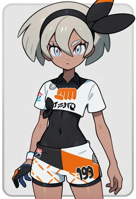 zzBea, grey eyes, grey hair, short hair, hair between eyes, black hairband, dark skin, crop top, print shirt, bodysuit, shorts, single glove,
in Take style,
Pokemon TCG