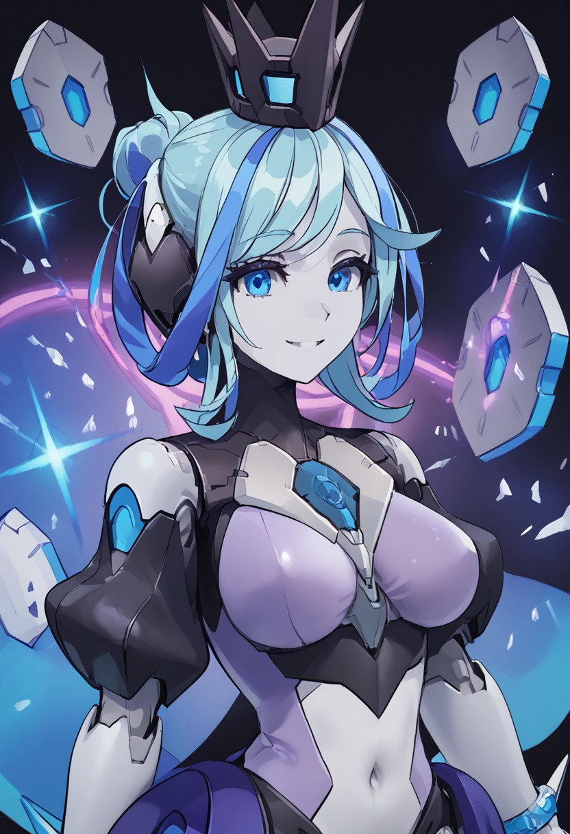 score_4,score_5,score_6,score_7_up,score_8_up,score_9 ((masterpiece,best quality,ultra detailed,highres,HD,4k:1.2)), 
1 cute girl,solo,solo focus,girl focus,face focus,
((upper body)),
robot joints,colored skin, blue hair,two-tone hair,multicolored hair,streaked hair,single hair bun,crown,blue eyes,large breasts, 
body suit,navel,navel cutout,thighhighs,high heels,veil,jewelry,bracelet, 
standing,smile,light smile,