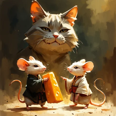 An enchanting scene shows two tiny, fluffy mice dressed in traditional men's Japanese kimonos. One mouse, clad in a dark kimono, struggles to carry a large piece of cheese, leaning back to balance its hefty weight. Beside her, the second mouse, in a lighter-colored kimono, points a tiny paw ahead, confidently guiding their path. In the background, a striped chubby gray tabby cat’s large face looms, with one eye closed and the other slyly cracked open, watching the mice with a curious, slightly amused expression. Warm, cozy lighting adds a playful charm to this scene of daring adventure and watchful curiosity.