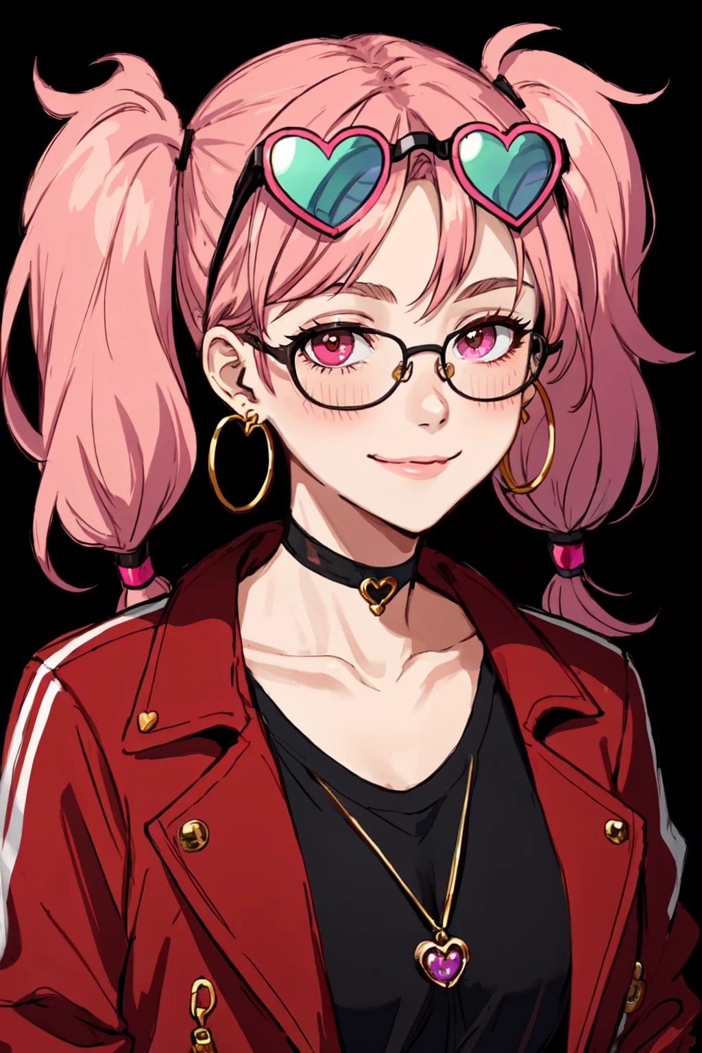 masterpiece, best quality, choker, Kitch, Transgender Female, pink hair, eyewear on head, heart-shaped eyewear, heart, earrings, looking at viewer, jacket, :3, jewelry, red jacket, blush, hoop earrings, shirt, upper body, portrait, smile, twintails, simple background, black background