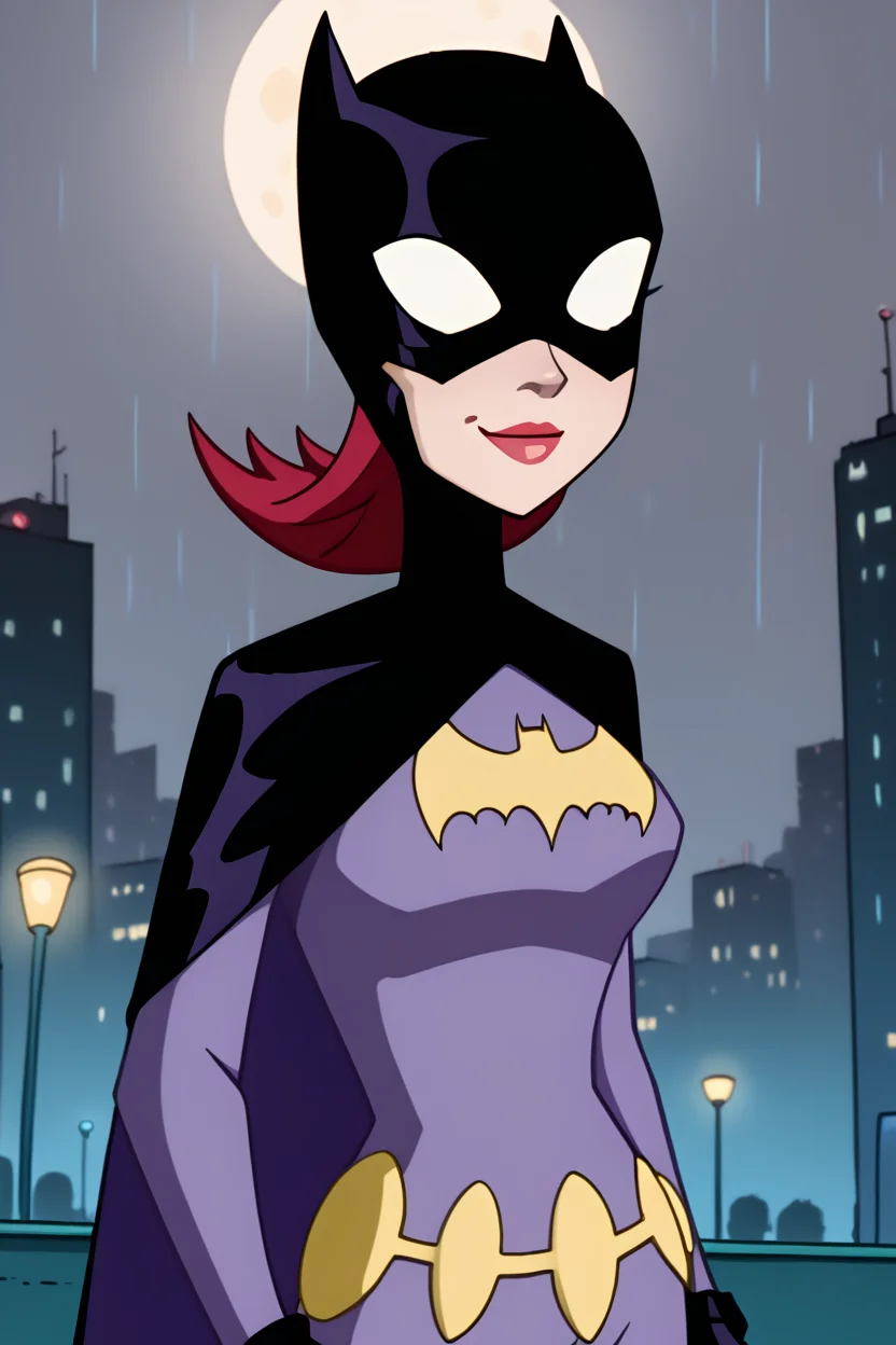batgirl, 1girl, solo, smile, black mask, (white eyes, no pupils:0.9), red hair, lipstick, red lips, black cape, bat print, dark purple bodysuit, utility belt, black gloves, looking at viewer, upper body, raining, rain, night, city, street, moon, zPDXL, <lora:Batgirl:0.85>, <lora:LeisureSuitLarry-WD-PonyXL-V1:0.8>
