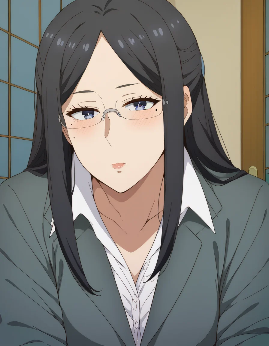score_9, score_8_up, score_7_up, source_anime, <lora:misaki-gundou-s1-ponyxl-lora-nochekaiser:1>, misaki gundou, long hair, blue eyes, black hair, glasses, mole, mole under eye, lips, mature female, parted bangs, small breasts,, formal, suit, office lady,, indoors, bed, bed room, on side, blush, drunk, looking at viewer, solo,, cowboy shot, dutch angle