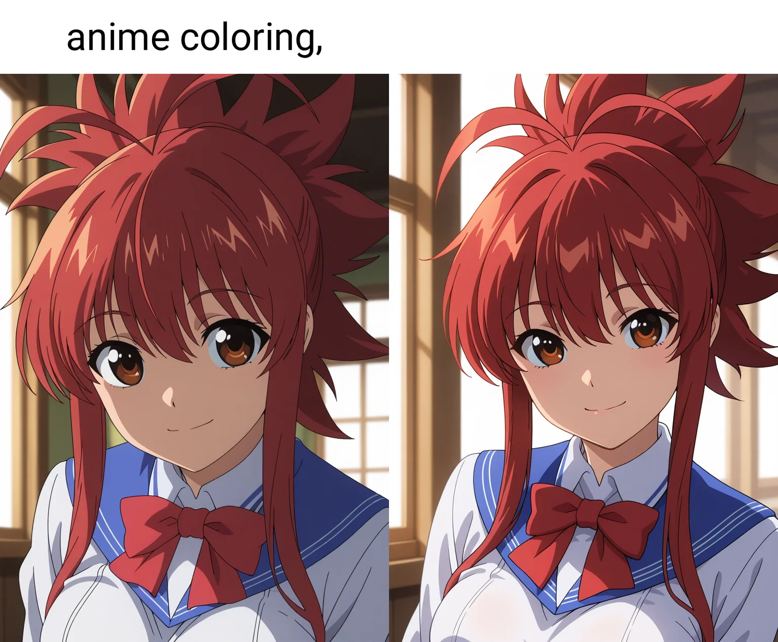 masterpiece, best quality, amazing quality, 1girl, solo, (portrait:1.2), anime coloring, keenaww, brown eyes, red hair, long hair, ponytail, sidelocks, antenna hair, medium breasts, school uniform, blue sailor collar, red bowtie, white school shirt, looking at viewer, smile, indoors, day, skindentation, detailed clothing folds, depth of field, sharp, high contrast, dynamic light <lora:Soga_Keena_Ichiban_Ushiro_no_Daimaou_ill:0.9>