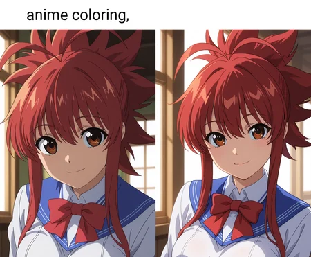 masterpiece, best quality, amazing quality, 1girl, solo, (portrait:1.2), anime coloring, keenaww, brown eyes, red hair, long hair, ponytail, sidelocks, antenna hair, medium breasts, school uniform, blue sailor collar, red bowtie, white school shirt, looking at viewer, smile, indoors, day, skindentation, detailed clothing folds, depth of field, sharp, high contrast, dynamic light <lora:Soga_Keena_Ichiban_Ushiro_no_Daimaou_ill:0.9>