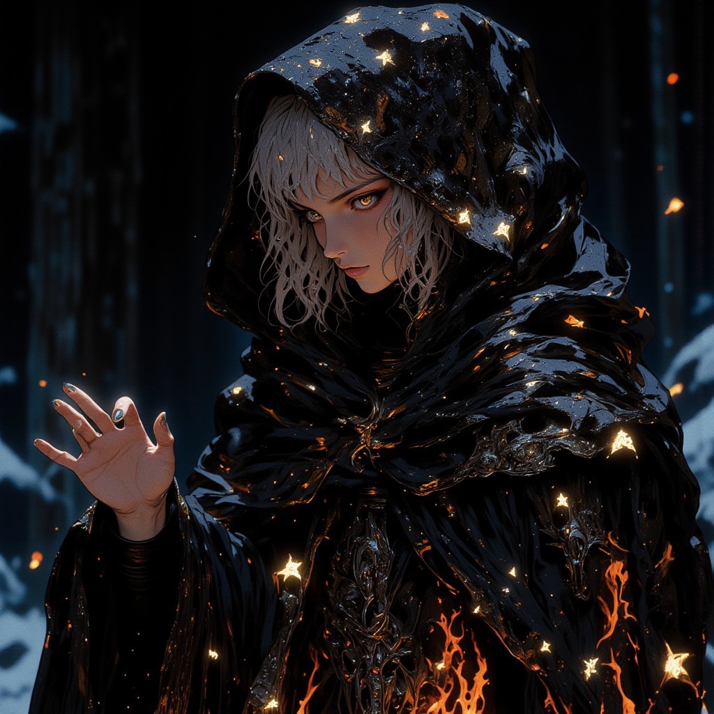 hyper realistic. a young child is standing alone against a gloomy backdrop. She has silver hair and silver eyes. She is draped with an oversized cloak of dark flames embedded with stars. The stars are white and gold. Her face is in focus but shadowed by her cloak. The cloak is the only thing illuminating the scene, and it gets darker the further away it is. Her arms are outstretched as if casting a spell. Her fair skin contrasts softly against the glittering cloak, and her expression is introspective, with slightly parted lips adding a touch of sensuality. The cloak catches the ambient light, scattering it into a dazzling display of shimmering reflections, resembling a star-studded night sky. The dim, ambient lighting enhances the intimate, moody atmosphere, casting gentle shadows that sculpt the contours of her face and body, emphasizing her serene yet enigmatic presence. The composition blends softness and glamour, fusing intimate elegance with a hint of otherworldly magic.