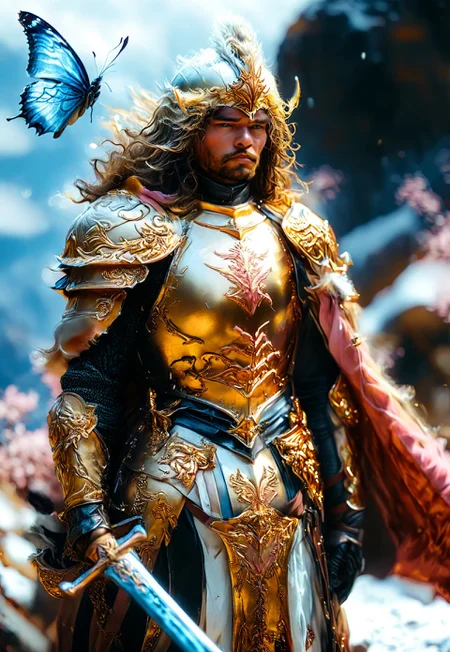 A dramatic, high-contrast scene, reminiscent of Hayao Miyazaki's style, with a mix of warm, golden lighting and cool, blue tones, set against a backdrop of snow-capped mountains and a cloudy, overcast sky. A knight, with a mix of dark brown and black medieval attire, stands on a rocky outcrop, facing away from the viewer, with a large, curved helmet and a flowing black cape with fur trim. The knight carries a sword at his side, with brown, sturdy boots. A holographic performer, a thick woman with long hair, a sparkling tiara, and a white bandeau with pink hues and butterfly prints, sits in the foreground, legs crossed, one hand on chin, and head slightly tilted, amidst a secret garden hidden in a mysterious maze. The performer's gaze meets the knight's, as a dark dragon with a menacing expression and wings extended swoops down towards them, adding a sense of tension and impending conflict. The scene is framed with a shallow depth of field, with the knight and performer in sharp focus, while the dragon and background are slightly blurred. The lighting setup features a combination of natural, soft pastel colors and warm, golden tones, with a subtle film grain and a color grading that emphasizes the cool tones of the sky and the warm tones of the characters.