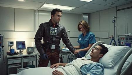 {"T5": ",A highly detailed, hyperrealistic photograph of a rebel starfighter pilot from Star Wars, with a crazy expression, standing in a hospital room, looking over the shoulder of a nurse in scrubs, who is checking a patient's vitals with a comforting smile, beeping monitors and medical equipment surrounding them, the pilot's worn leather jacket and pants a stark contrast to the nurse's clean, modest scrubs, the patient lying in bed, with a calm expression, the room's fluorescent lights reflecting off the polished hospital floor, the camera angle is from a low, Dutch angle, looking up at the pilot and nurse, with the patient's bed and monitors in the background, the rule of thirds composition placing the pilot's face and the nurse's hands at key intersection points,", "CLIP-L": ",rebel starfighter pilot, crazy expression, nurse in scrubs, comforting smile, hospital room, beeping monitors, hyperrealistic, highly detailed, leather jacket, modest scrubs, medical equipment, fluorescent lights, polished hospital floor, Dutch angle, rule of thirds composition, Star Wars,"}
<lora:Rebel_Starfighter_Pilot_-_Star_Wars_Flux:0.85>