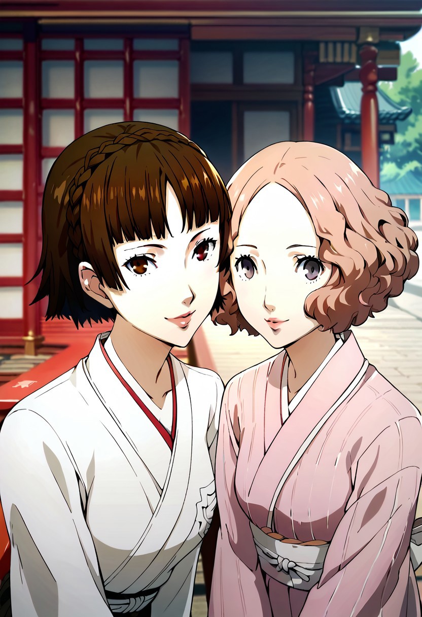 Extreme score_9, score_8_up, score_7_up, score_6_up, score_5_up, score_4_up, high res, absurd res, official art, 4k, ((Soejima Shigenori, Official style)), anime_source, detailed eyes, detailed iris, Japanese dress, shrine background, smiling, leaning forward, 2girls, extreme close-up, makoto niijima, haru okumura, looking at viewer, mouth closed