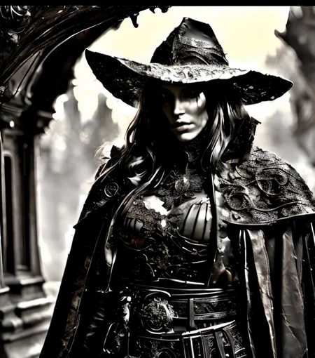 RAW photo, (masterpiece:1.3), subsurface scattering, heavy shadow, (high quality:1.4), (intricate, high detail:1.2), professional photography, HDR, High Dynamic Range, realistic, ultra realistic, photorealistic, high resolution, film photography, ambient lighting, atmospheric effects, <lora:detail_slider_v4:2>, OverallDetail, <lora:zoom_slider_v1:-1>, 1girl, Porcha, <lora:Porcha-10:1>, dark makeup, as a female WitchHunter, coat, belt, cape, hat, <lora:WitchHunter-10:1>, <lora:cleavage:-1>, in a sinister graveyard, <lora:Darkness:0.3> Darkness,, epiCPhoto