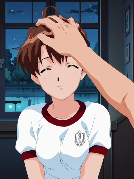 score_9, score_8_up, score_7_up, source_anime, uncensored, 1girl, <lora:Fuko_Kuzuha_PDXLv0:0.8> fuko kuzuha, aged up:1.2, adult, mature body, medium breasts, anime screencap, night, indoors, short hair, <lora:Headpat_XLPD:1> headpat, pov hands, gym uniform
