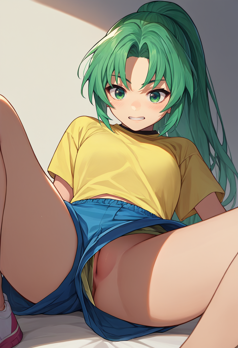 score_9, score_8_up, score_7_up, source_anime, 1girl,  upshorts, pussy peek,    <lora:Upshorts-000011:1> <lora:MionCAME2:1> Mion Sonozaki, green eyes, ponytail, green hair,  yellow T-shirt,