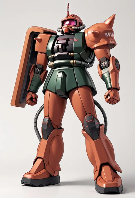 score_9, score_8_up, score_7_up, source_anime, cowboy shot, side view, BREAK, ( garma_zaku, pink monoeye, looking to the side, standing, no weapons, arms by sides, full body, extra decals on head and command fin, extra details, ) 1mech, mech focus, solo, BREAK, white background,