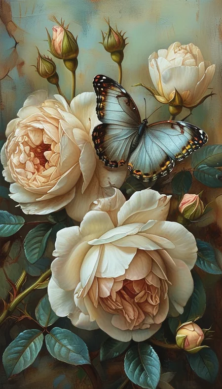 A stunning and exceptional work of art by Agnes Boulloche, featuring a marvelous butterfly emerging from a rosebud. The painting captures the delicate balance of nature with realistic and vibrant colors. The rosebud is beautifully rendered, showcasing the intricate details and textures of the petals. The butterfly appears to be in the process of breaking free from the bud, symbolizing transformation and new beginnings. The overall ambiance of this captivating painting is full of life, color, and a sense of wonder.
