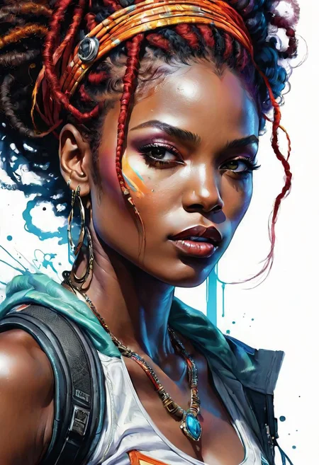 mj, best quality, cinematic, close-up, sci-fi, painting of character, surreal vibrant caricature, misc Afrobeat, good vibe, intricate details, highly detailed, perfect anatomy, centered, approaching perfection, dynamic, highly detailed, artstation, concept art, smooth, sharp focus, illustration, art by Carne Griffiths and Wadim Kashin, graffiti airbrushing techniques, high definition, accent lighting, contrasted with bright paint colors, epic background, RTX, 4K, Gabriele Delotto, AI Midjourney, Vivid Saturated Colors, Watercolor, Oil Paints, HD