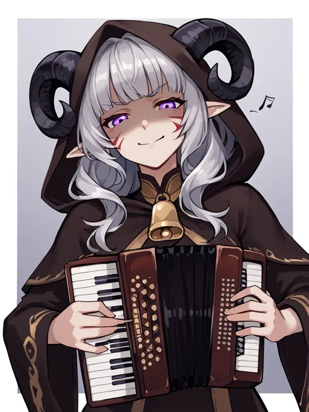 <lora:accordion:1> accordion, holding instrument, playing instrument, source_furry, score_7_up, rating_safe, cowboy shot, gold necklace, tiefing, short pointed ears, horns, (a pair of brown sheep Horns that begin at her temples and curve back: 1.5), bangs,long silver hair long wavy hair, pale skin,<lora:whisker_markings:0.8> whisker_markings:1.4 , pointy ears, purple eyes:1.2, <lora:age_slider_v4:0.6> medium breasts, skinny female, close up, silver hair, <lora:Tieflingnew weird fantasyDND:0.3> Tiefling, pointed ears, horns, angry, half-closed eyes:1.5, smile mouth:1.2,<lora:Smooth Style 2 SDXL_LoRA_Pony Diffusion V6 XL:0.5> bell, robe, hood off, <lora:Nanoless_Artist_Style_PonyXL:0.3> , shaded face:1.2, simple background