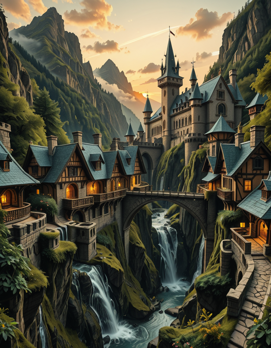 A breathtaking medieval fantasy city nestled in a lush valley, surrounded by towering mountains and dense forests. A grand castle with multiple towers and turrets stands atop a hill, overlooking the town below. The city consists of charming half-timbered houses with glowing windows, perched on rocky cliffs and connected by stone bridges over cascading waterfalls. The river flows through the village, reflecting the warm golden lights of lanterns and torches. Ivy and moss grow over the stone walls, adding to the enchanted, ancient atmosphere. The background features misty mountains with additional fortresses and watchtowers, partially hidden by low-hanging clouds. The sky is illuminated by a soft, warm sunset, casting a golden glow on the scenery, creating a perfect blend of realism and fantasy. Highly detailed, cinematic, and immersive, with a magical, fairy-tale ambiance.
<lora:SDXLFaeTastic2400:0.4> <lora:extremely_detailed:0.4> extremely detailed, ,medieval f4nt4sy c1ty <lora:medieval_f4nt4sy_c1ty-i:1>, Masterpiece,best quality,hi res,8k,hi res,8k,award winning,(sharp focus, intricate, highly detailed),