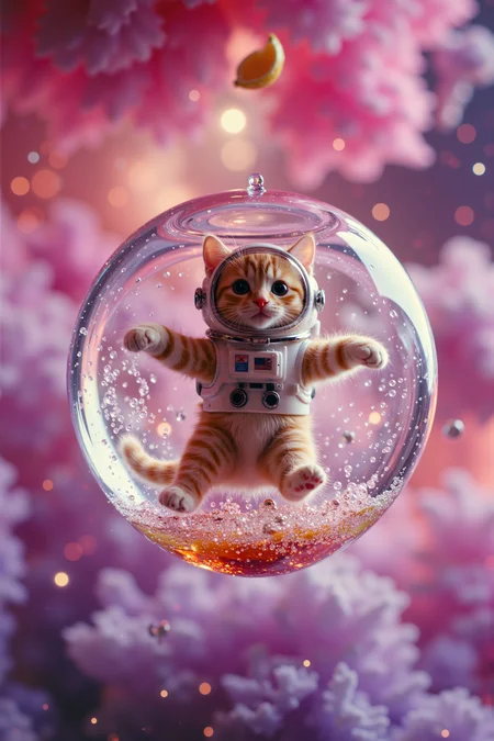 Analog photo, Polaroid 600 film vibe, macro close-up aerial view, a miniature astronaut cat with a goldfish bowl helmet and a glittery tail, floating in zero gravity inside a floating bubble of soda pop, surrounded by floating lemon slices and fizzy bubbles, inspired by Dali and Pusheen, drifting through a sparkling pink and lavender nebula, vibrant tones, cinematic cosmic glow with shimmering starlight, surreal playful.<lora:aidmaMJ6.1-FLUX-V0.1:0.6><lora:Movie_Portrait><lora:Flux DetailerV2>