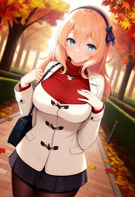 (masterpiece, very aesthetic:1.2), outside, park, autumn, leaves, backlighting
BREAK 1girl, leandernai, turtleneck sweater, long coat, black skirt, pantyhose, handbag
<lora:Leander_NAIXL_v10:0.8>