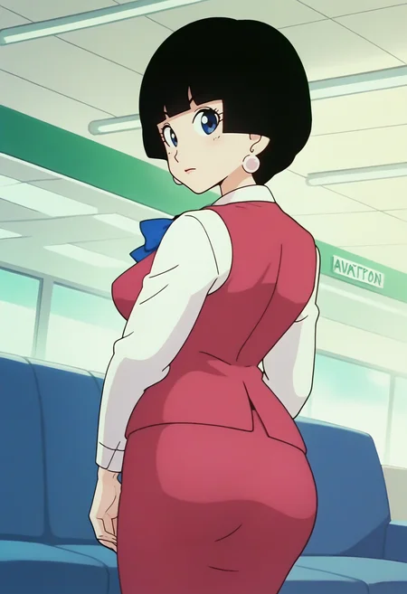 score_9, score_8_up, score_7_up, score_6_up, anime screencap, anime coloring, <lora:DBExtraGirl13:0.9>, DBExtraGirl13IDA, solo, blue eyes, black hair, short hair, blunt bangs, earrings, breasts,
blue bowtie, purple vest, white shirt, pencil skirt,
looking at viewer, standing, ass, ass focus, from below, looking back,
BREAK airport, couch, indoors,