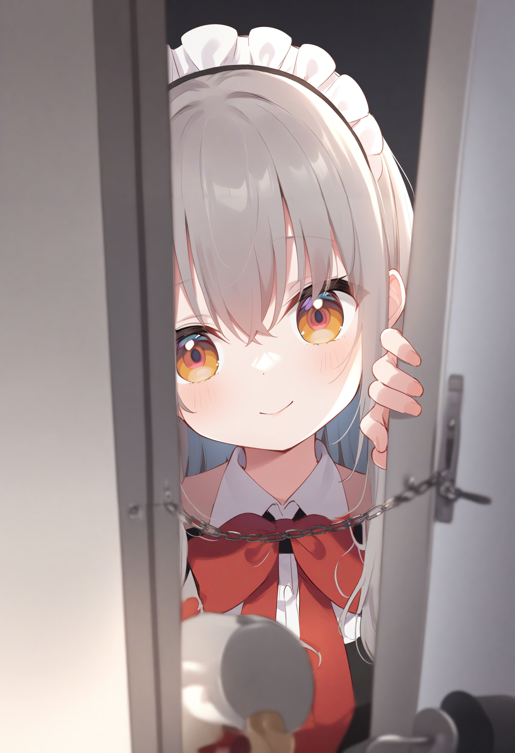 1girl,sincos, ningen mame, toosaka asagi,solo,medium breasts,20yo,maid,maid headdress,
door chain, peeking out, open door,<lora:doorchain_XL_v1:1.0>
chain, pov doorway, opening door, close-up,
from side, panorama shot, looking down, silver hair, orange eyes,seductive smile, savannah, closed mouth, folded ponytail hair,,
best quality, very aesthetic, absurdres ,
