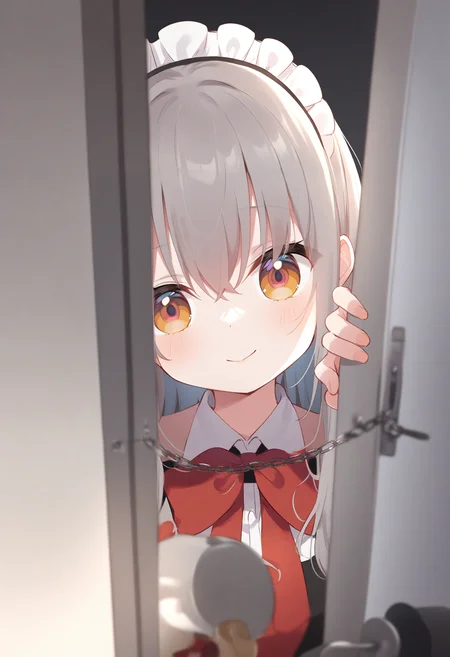 1girl,sincos, ningen mame, toosaka asagi,solo,medium breasts,20yo,maid,maid headdress,
door chain, peeking out, open door,<lora:doorchain_XL_v1:1.0>
chain, pov doorway, opening door, close-up,
from side, panorama shot, looking down, silver hair, orange eyes,seductive smile, savannah, closed mouth, folded ponytail hair,,
best quality, very aesthetic, absurdres ,