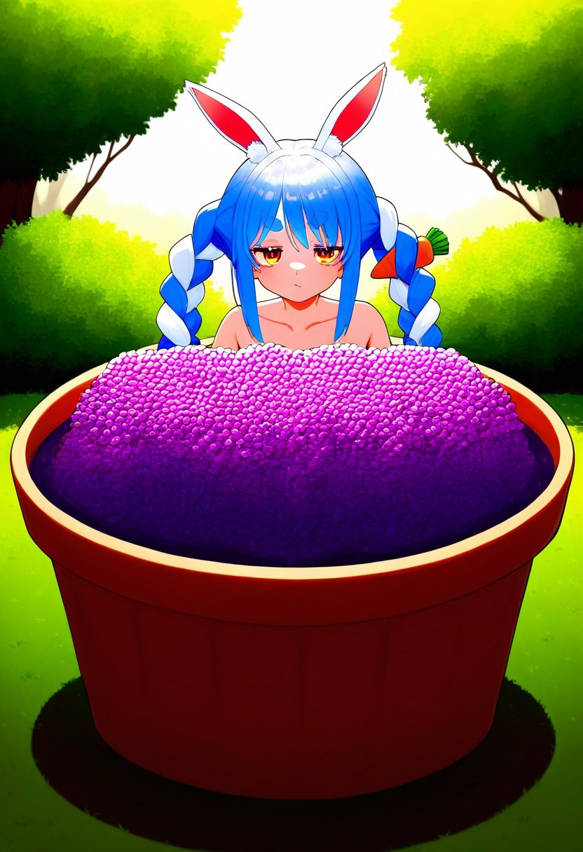 masterpiece, very aesthetic, absurdres, newest, Usada_Pekora, sitting in a basin full of grapes, covered in grape juice, dynamic pose, unamused, teary eyes, full body,
garden background, detailed background,