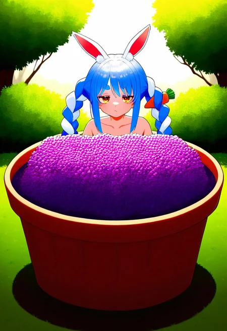 masterpiece, very aesthetic, absurdres, newest, Usada_Pekora, sitting in a basin full of grapes, covered in grape juice, dynamic pose, unamused, teary eyes, full body,
garden background, detailed background,