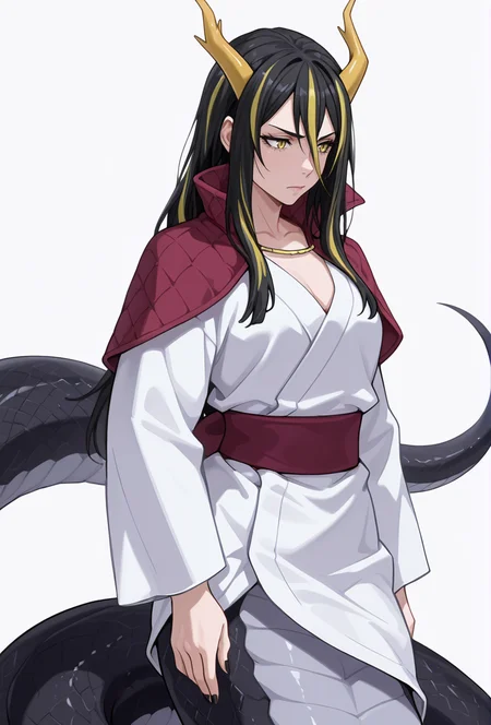 Smooth Quality,masterpiece,very intricate, high quality details, ultra realistic, high detailed skin,detailed enviorement,absurdres,
simple background, white background,
bent back, Middle of spine pushed backwards,disappointed,crossed fingers,
<lora:Albiscnn:0.8> albislamiacnn,lamia, 1girl,monster girl, horns, slit pupils,black hair, streaked hair, no legs,
japanese clothes,white kimono, sash,red capelet, long sleeves, sleeves,black nails,