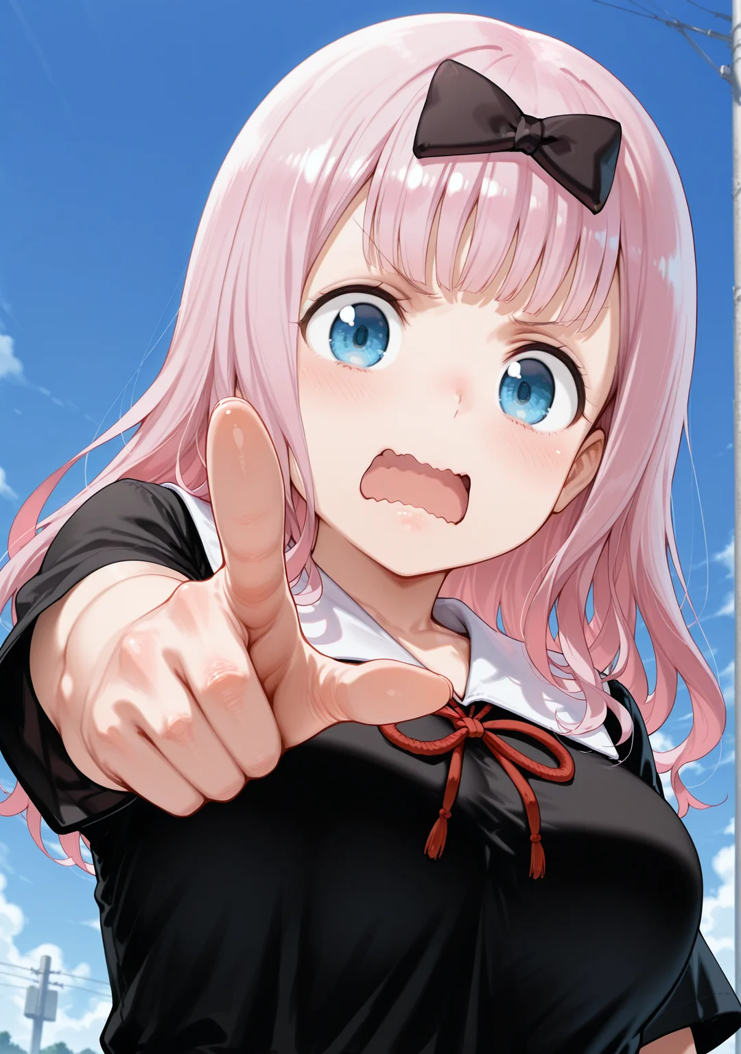 masterpiece,best quality,amazing quality,
1girl,<lora:jem:1>,fujiwara chika,pointing at viewer,(angry:0.8),from below,upper body,open mouth,serious,wavy mouth,dutch angle,