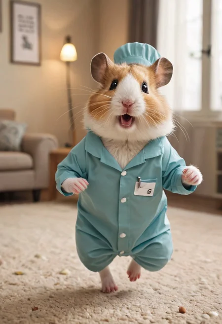 masterpiece, highest quality, comical Illustration, an adorable hamster, wearing a complete dentist costume, exaggerated friendly, running towards viewer, bokeh, living room