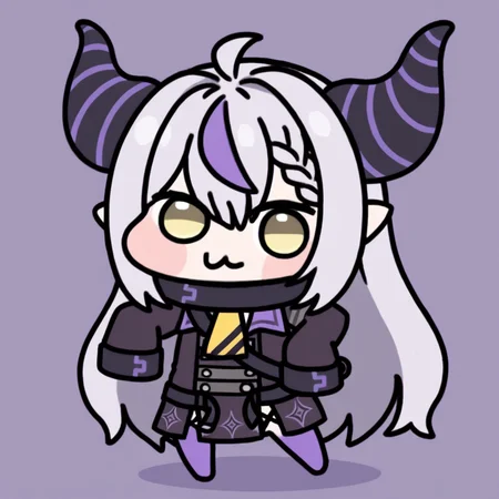 doro,chibi,
doro,chibi,1girl,solo,la+ darknesss \(1st costume\),hololive,bangs,horns,long hair,multicolored hair,purple hair,streaked hair,demon horns,striped horns,yellow eyes,grey hair,braid,very long hair,hair between eyes,pointy ears,ahoge,demon
<lora:doro_head_noob-4:1>,