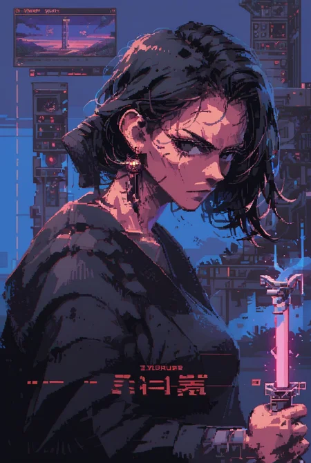 7-SWAnimated, 1girl, solo, looking at viewer, short hair, bangs, black hair, holding, jewelry, closed mouth, weapon, earrings, sword, cape, holding weapon, black eyes, character name, copyright name, holding sword, cloak, robe, animification, energy sword, lightsaber
retro wave, windows 98, synthwave
[reflections, dark lighting, hyper realistic, 4k, hd, high fantasy, concept art, woof, pixel art]
<lora:Star Wars Animated v1.0:1>    <lora:win98XLP:0.7> <lora:d3p1x3lXLP:1>
