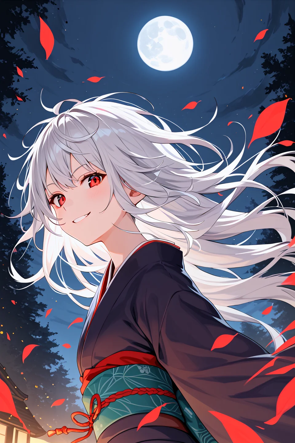 score_9,  best quality,dynamic,from below,
1girl,white hair,red eyes,kimono,evil smile,nature,messy hair,night,moon,wind,from side,looking at viewer
