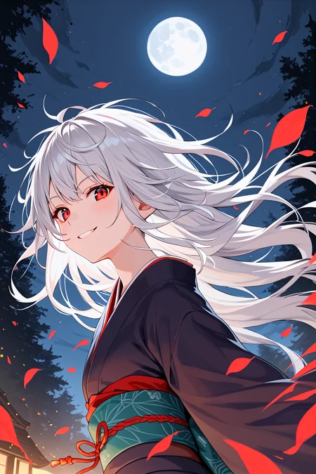 score_9, best quality,dynamic,from below,
1girl,white hair,red eyes,kimono,evil smile,nature,messy hair,night,moon,wind,from side,looking at viewer