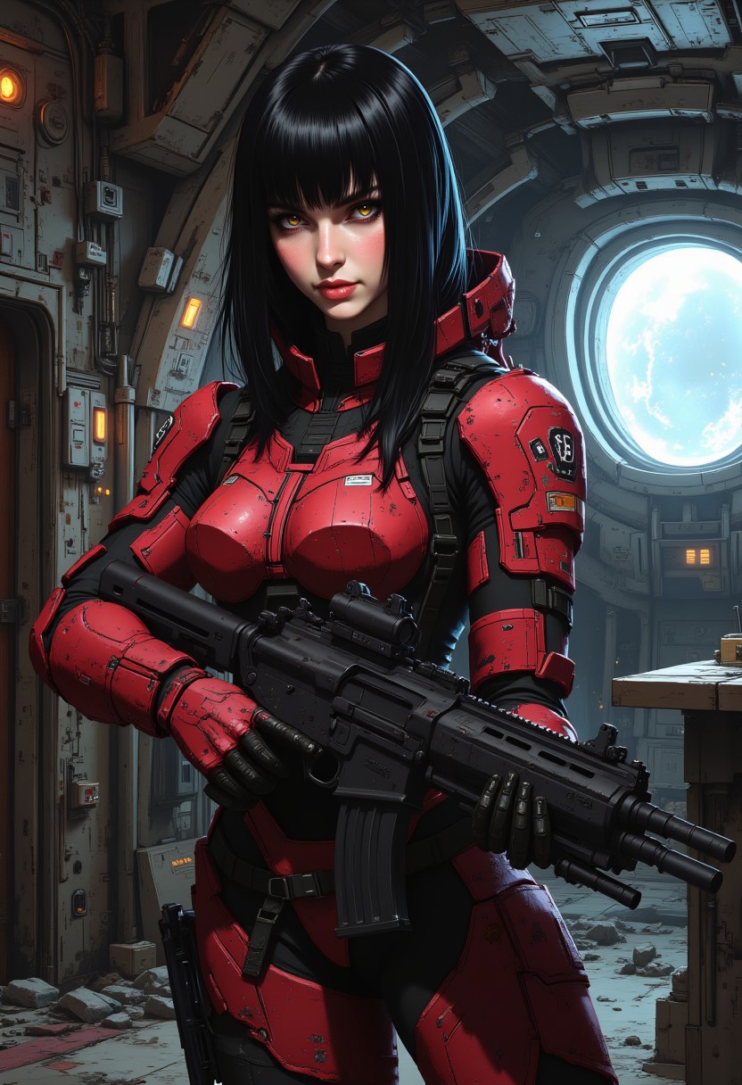NewFantasyCore, This is a digital artwork in the style of ckgr, a female space pirate. chanel straight-cut bob, bangs, sidelocks, battered red power armour, standing in the command room of a battered spaceship, holding a sci-fi assault rifle in both hands