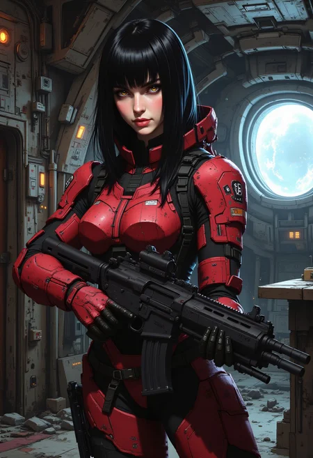 NewFantasyCore, This is a digital artwork in the style of ckgr, a female space pirate. chanel straight-cut bob, bangs, sidelocks, battered red power armour, standing in the command room of a battered spaceship, holding a sci-fi assault rifle in both hands